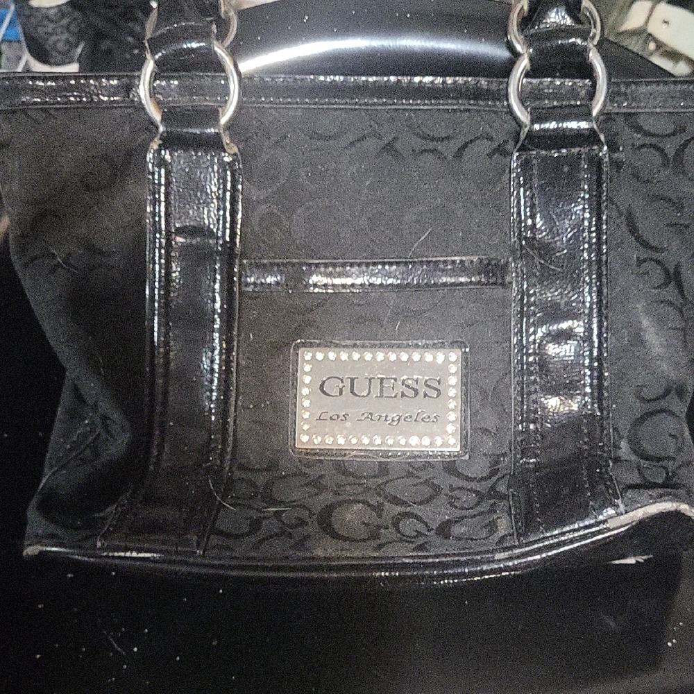 GUESS Black Tote Bag with Silver Accents